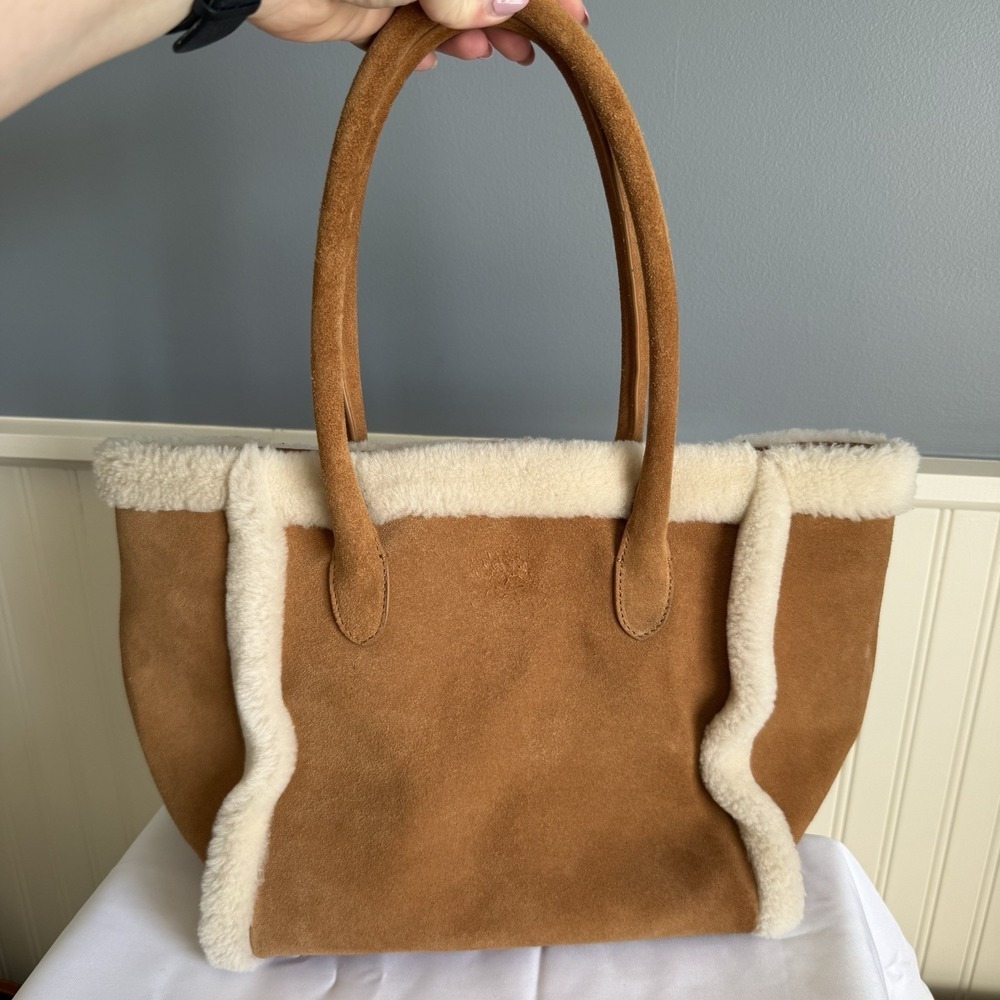 MARK & GRAHAM SIERRA SHEARLING AND SUEDE TOTE SHOULDER BAG PURSE BROWN CREAM
